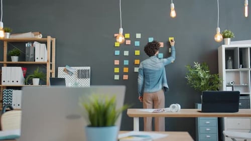 Back View of Female Office Worker Writing on Colorful Sticky Notes Planning Business Project
