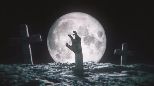 Zombie Hand Rising from Grave in Spooky Graveyard with Full Moon