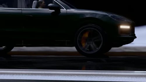 Modern Dark SUV Driving at Night on a Reflective Road