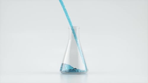 Minimalist 3D Animation of Blue Liquid Pouring Into Flask