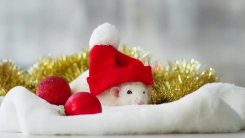 Festive White Rat in Christmas Hat