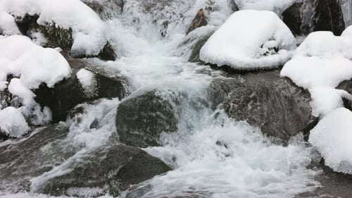 Icy Stream Flowing Over Snow Covered Rocks