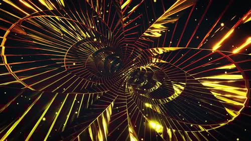 Abstract Golden Wireframe Tunnel Loop with Glowing Particles