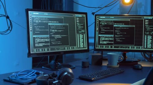 Computer Monitors Displaying Code in Dark Room
