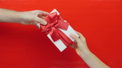 Presenting a Wrapped Gift with Red Ribbon