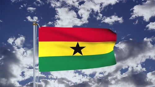 Ghana National Flag Waving Against a Cloudy Sky