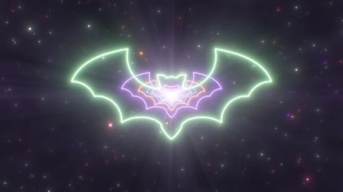 Scary Bat Outline Shape Creepy Halloween Neon Lights Tunnel Night Sky - 4K