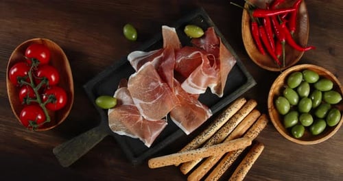 Appetizing Antipasto Overhead Shot on Wooden Table