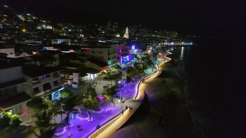 Coastal City Boardwalk at Night Aerial View
