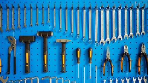 Garage tools hanging on the organizer wall. Loopable animation. Workshop. 4K HD