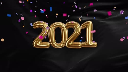 Golden 2021 Balloon Text Reveal with Falling Confetti