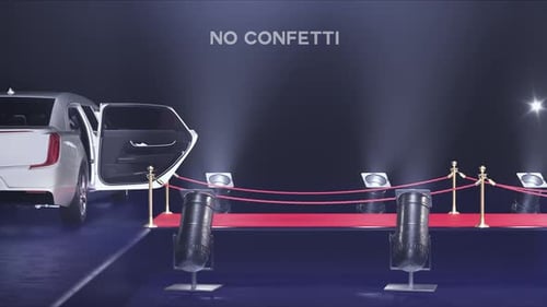red carpet with limousine and confetti