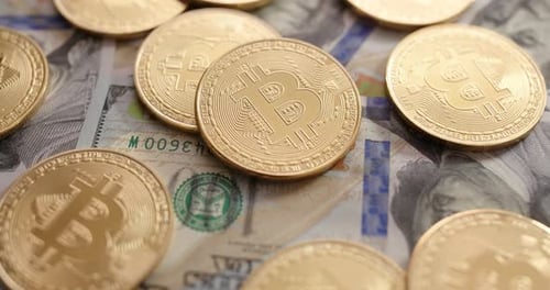Bitcoin Coins on US Currency, Cryptocurrency Concept