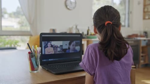 Child Attends Virtual Meeting on Laptop at Home