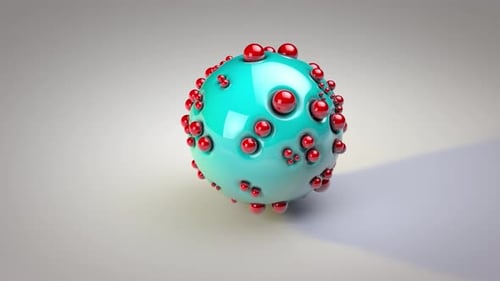 Abstract sphere background light blue large sphere clinging to it small red spheres spinning around