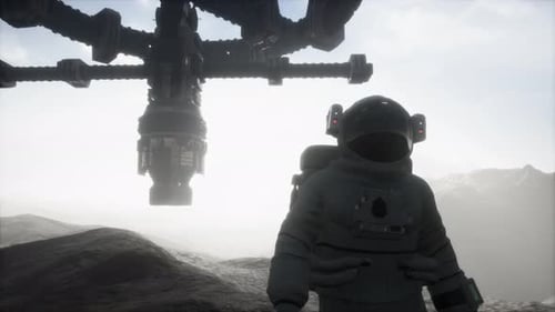 3D Astronaut Observing Futuristic Spaceship on Alien Planet Surface