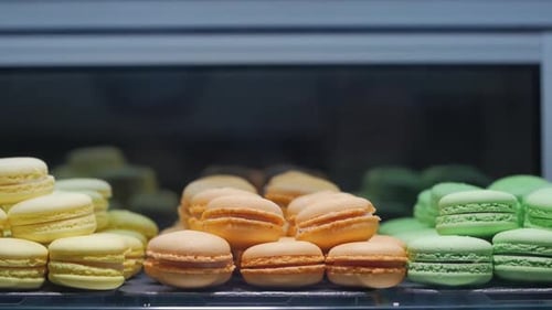 Delicious colorful macarons on display in bakery