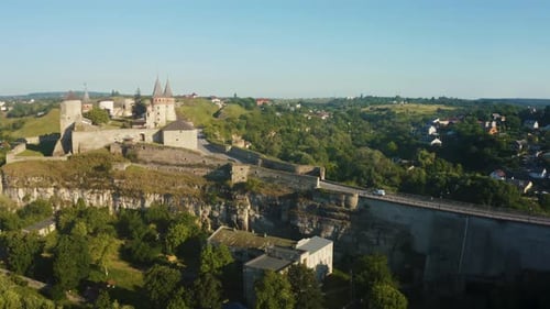 Aerial View of the Ruins of a Large Medieval Castle in Europe
