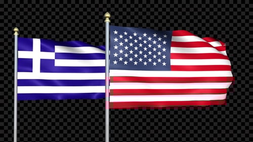 Greece and United States Flags Waving Seamlessly with Alpha Channel