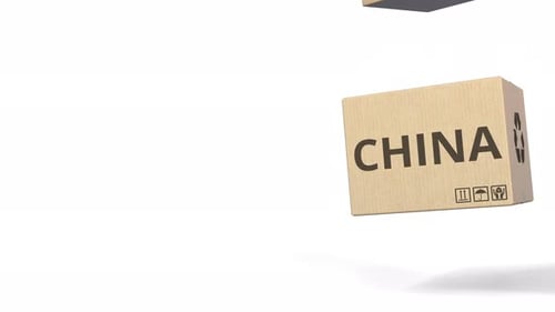 Falling Cartons with PRODUCT OF CHINA Text
