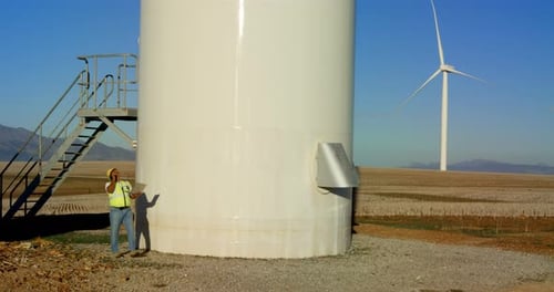 Male engineer talking on mobile phone while using laptop in the field 4k