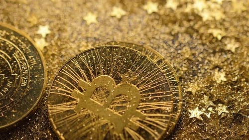 Coins of Cryptocurrency Fall on Glittering Stars Macro