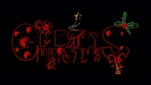 Merry Christmas neon letters glowing on black background splash. Red neon text close-up