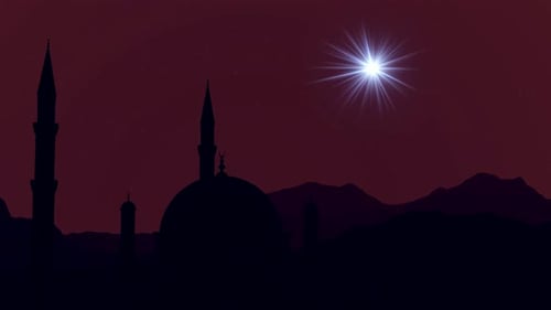 L'étoile sacrée au coucher du soleil s'illumine dans le ciel pendant le Ramadan et en arrière-plan de la mosquée.