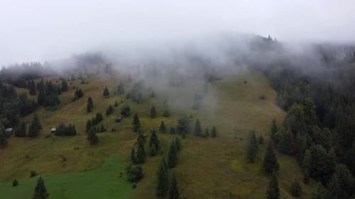 Misty Fog Above Hill, Aerial View