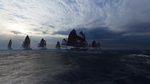 Animated Traditional Junk Ships Sailing on Rough Ocean
