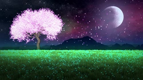 Cherry Blossom Tree and Moon with Falling Petals Night Loop