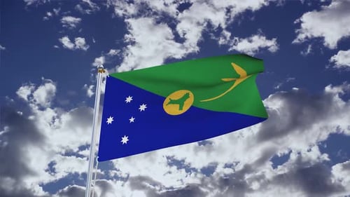 Realistic Waving Flag of Christmas Island Under Blue Sky