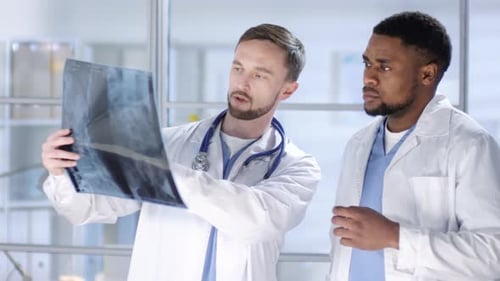 Caucasian Male Neurologist Discussing CT Scan with Black Colleague