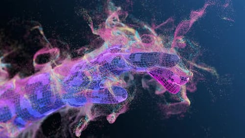 Futuristic Wireframe Hand with Flowing Digital Particles