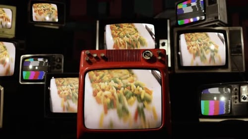Conveyor Belt in a Pasta Factory on Retro TVs.