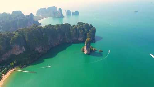 An aerial view of the coast, mountains and many beautiful islands