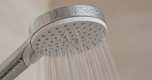 Shower Head Streaming Water in Indoor Bathroom