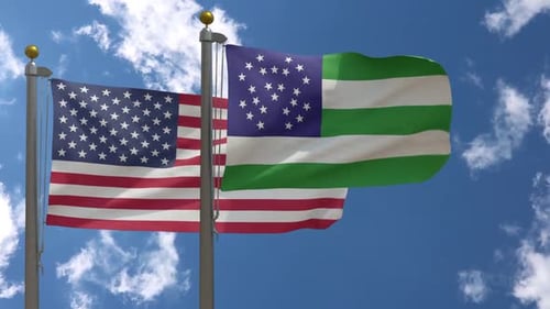 Waving American Flag and Placeholder Flag on Flagpoles in Sky