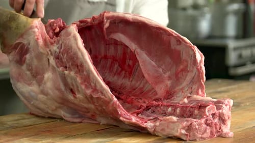 Butcher Cuts Large Piece of Raw Red Meat