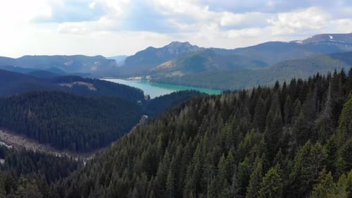 Mountain lake with turquoise water and green trees. Mountains, forest and lake.