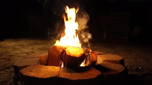 Campfire Burns Brightly at Night in Wilderness