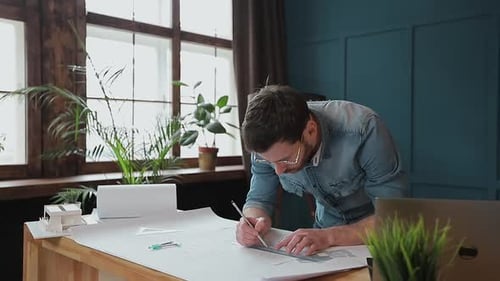 Architect Working on Blueprint with Spesial Tools and Pencil, Close Up, Male Architect at Work, Only