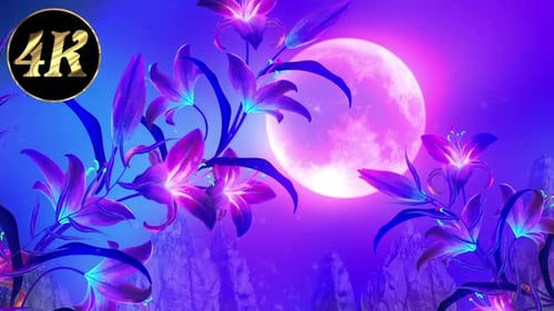 Vibrant Neon Lilies with Magical Full Moon Background