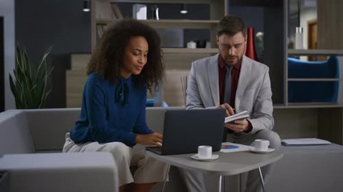 Diverse Coworkers Couple Working Laptop Call Video Chat Meeting in Home Office