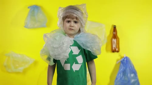 Niña voluntaria en paquetes de plástico en el cuello y la cabeza. Reduzca la contaminación por plástico. Salva la ecología