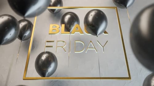 Elegant 3D Black Friday Sale Title with Golden Frame and Balloons