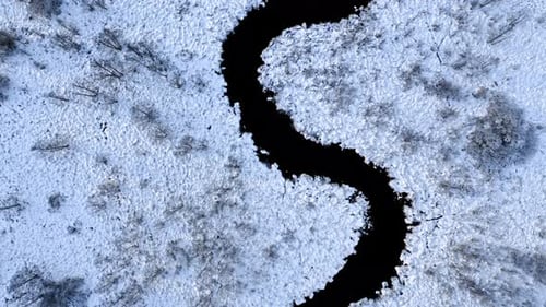 Snowy curvy river in winter. Aerial view of nature