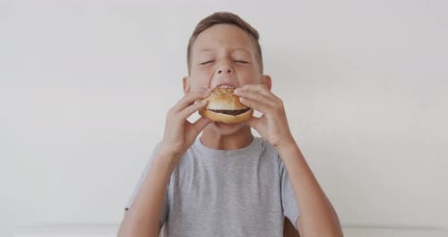 Young Boy Eating Delicious Hamburger