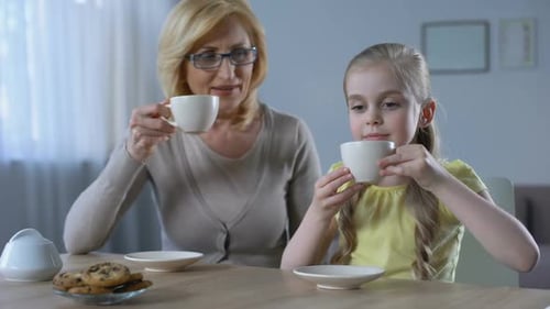 Grandmother and Granddaughter Having Tea Indoors