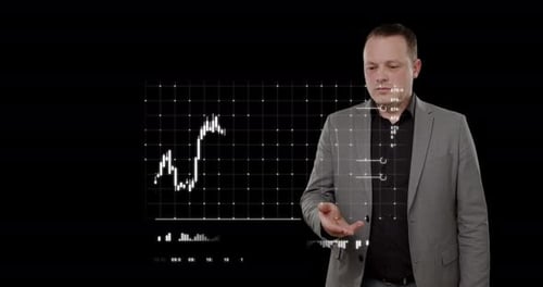 Businessman Browsing Stock Market Infographics Infographics on Black Background